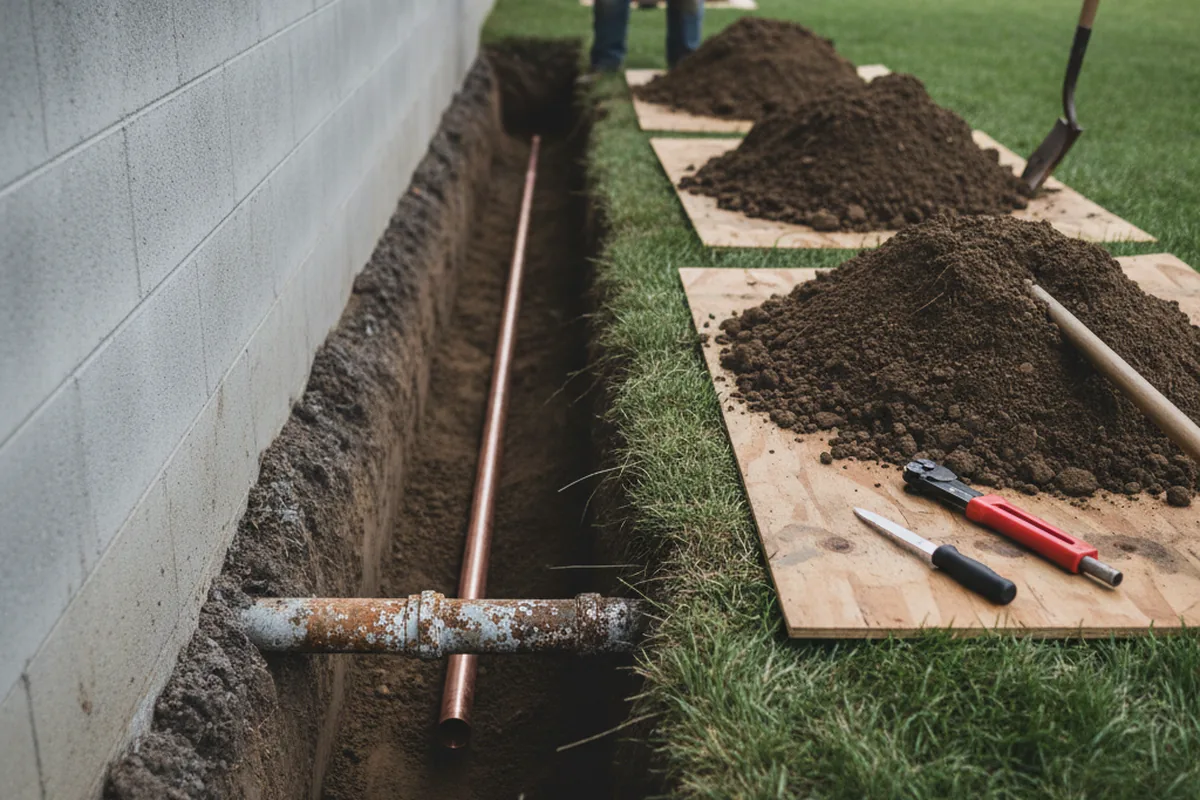 Excavated water line trench during Water Heater Repair in Boone Grove